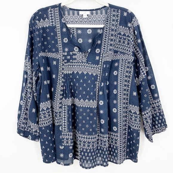 J. Jill Cotton Bandana Print Shirt Navy Blue Sz Large - Picture 1 of 10